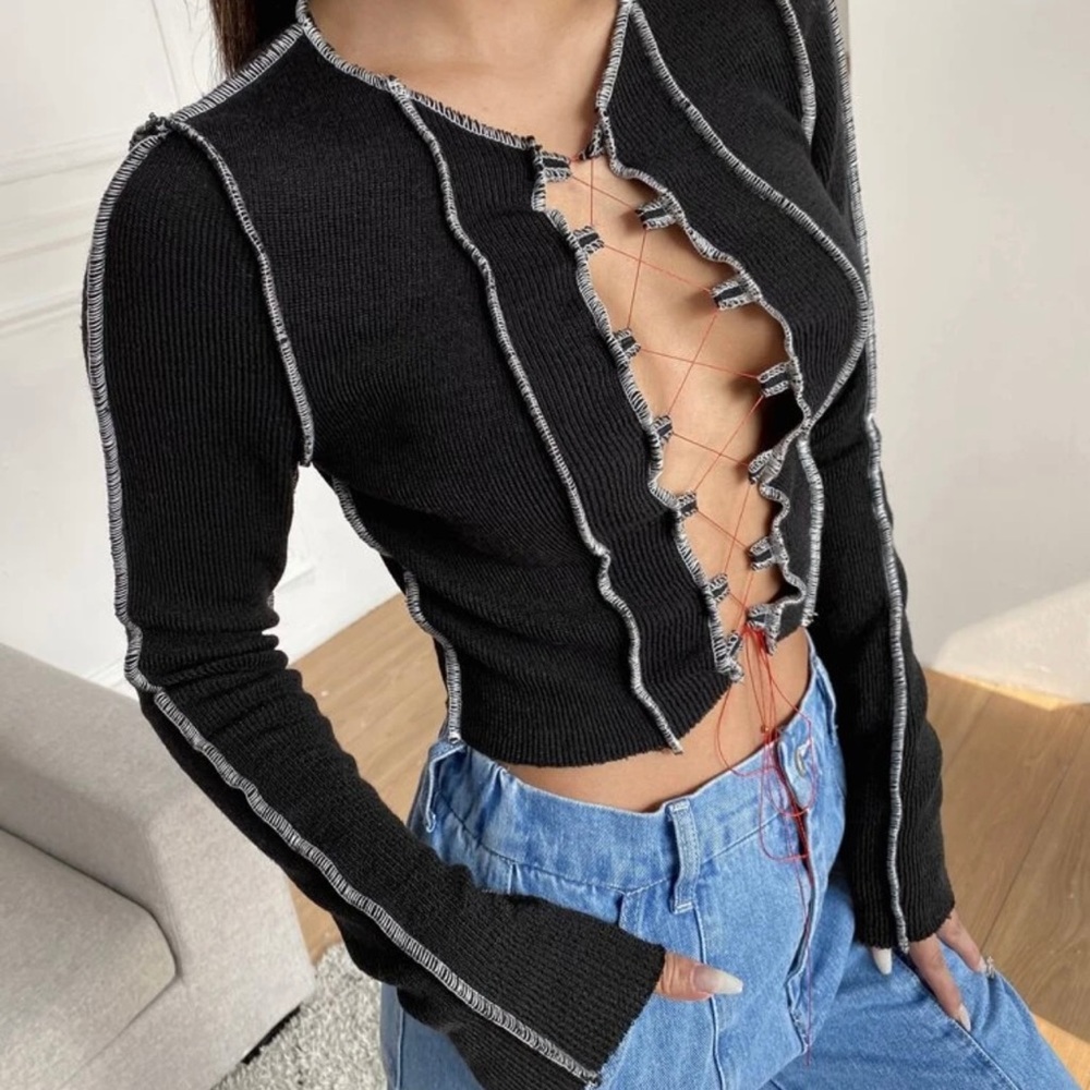 SHEIN (lace up top stitching ribbed top)